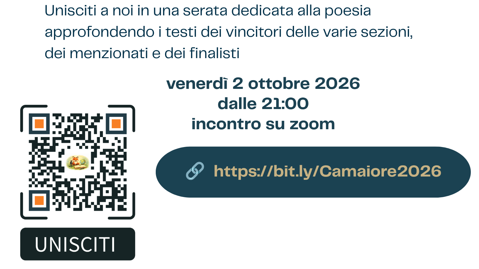 Invito a un evento di poesia su Zoom il 2 ottobre 2026 alle 21:00. Include un codice QR e un link per partecipare.